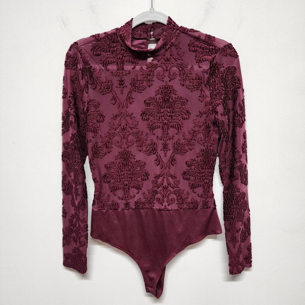 Iris Mesh Burnout Velvet Bodysuit Womens S Plum Floral Acanthus High Neck Chic